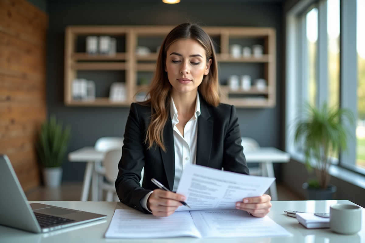 Femme d'affaires confiante examinant documents d'assurance