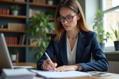 Femme d'affaires française en costume bleu dans un bureau lumineux