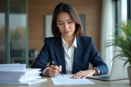 Femme d affaires en bureau examinant documents immobiliers