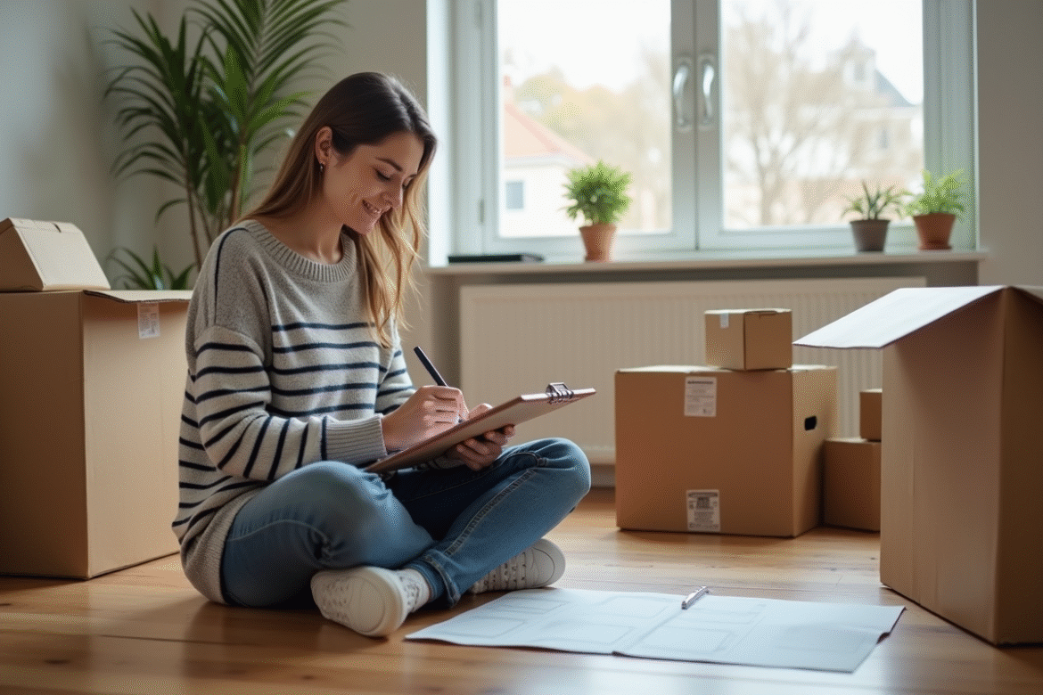 Femme remplissant des papiers dans un salon vide avec cartons
