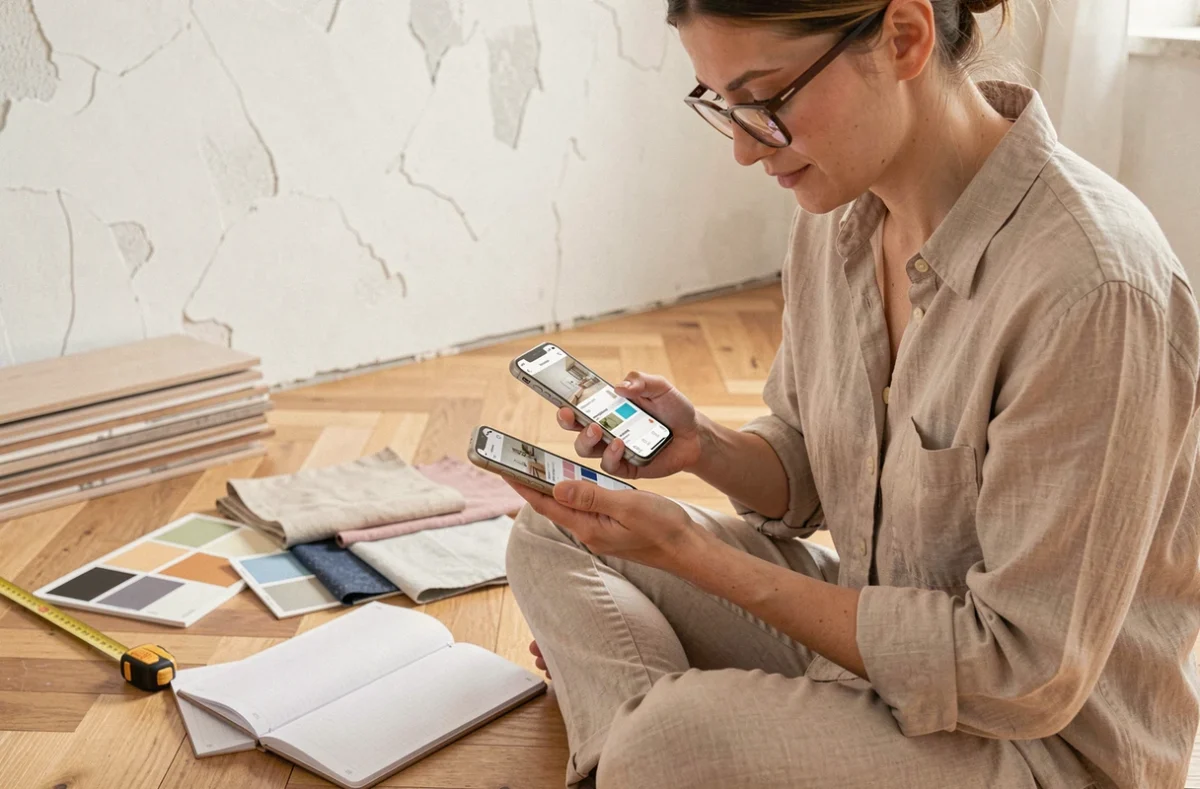 Femme consultant une application de suivi de travaux de rénovation sur smartphone entourée d'échantillons de matériaux et de swatches de peinture dans un salon en cours de rénovation