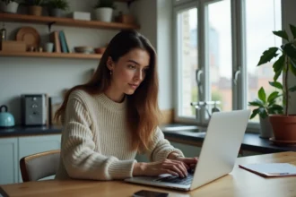 Jeune femme concentrée remplissant un formulaire en ligne dans son appartement