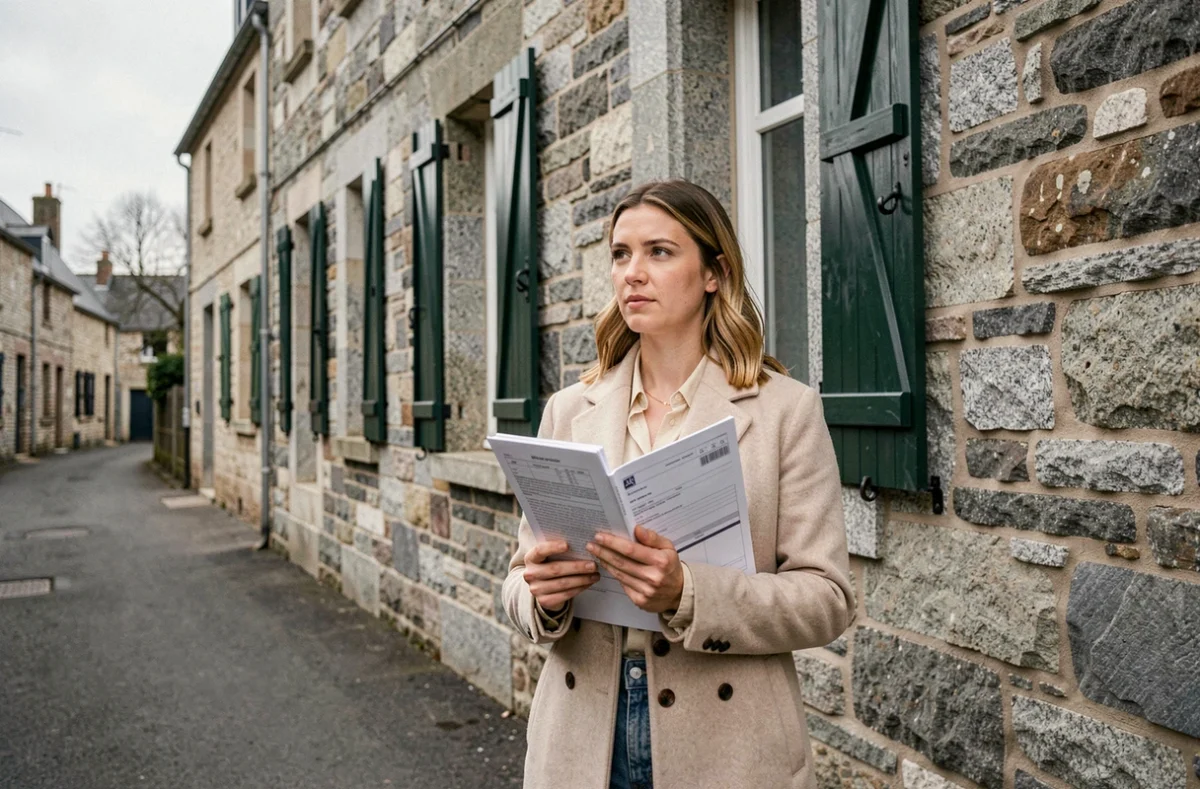 Femme tenant des documents d'assurance devant une maison en pierre bretonne à Brest