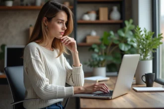 Femme assise à son bureau à domicile en train de travailler