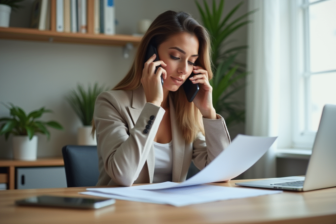 Femme professionnelle au bureau à domicile parlant au téléphone