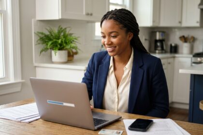 Jeune femme souriante travaillant sur un ordinateur dans une cuisine moderne