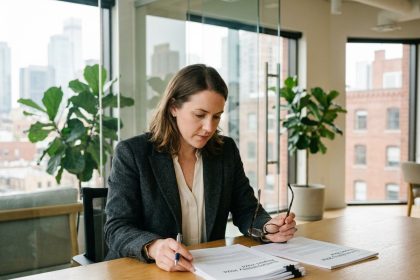 Femme en réunion dans un bureau moderne avec rapports de durabilite