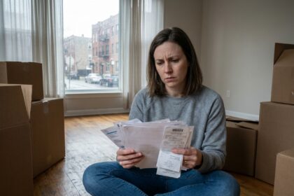 Femme stressée entourée de cartons de déménagement en train de calculer les coûts imprévus de son déménagement