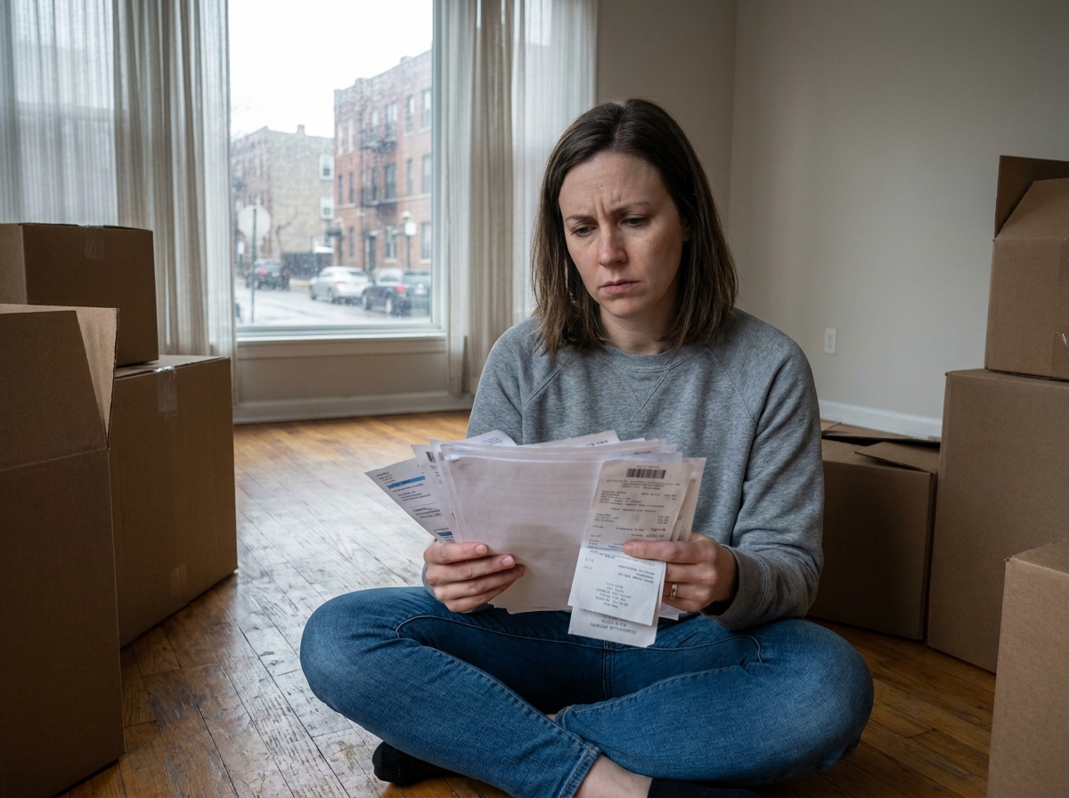 Femme stressée entourée de cartons de déménagement en train de calculer les coûts imprévus de son déménagement