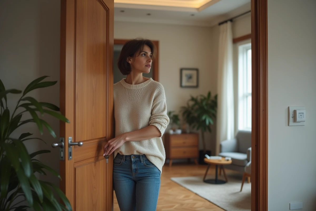Femme tenant des clés devant une porte d'appartement