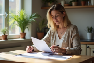 Femme d'âge moyen compare documents et calculatrice dans la cuisine