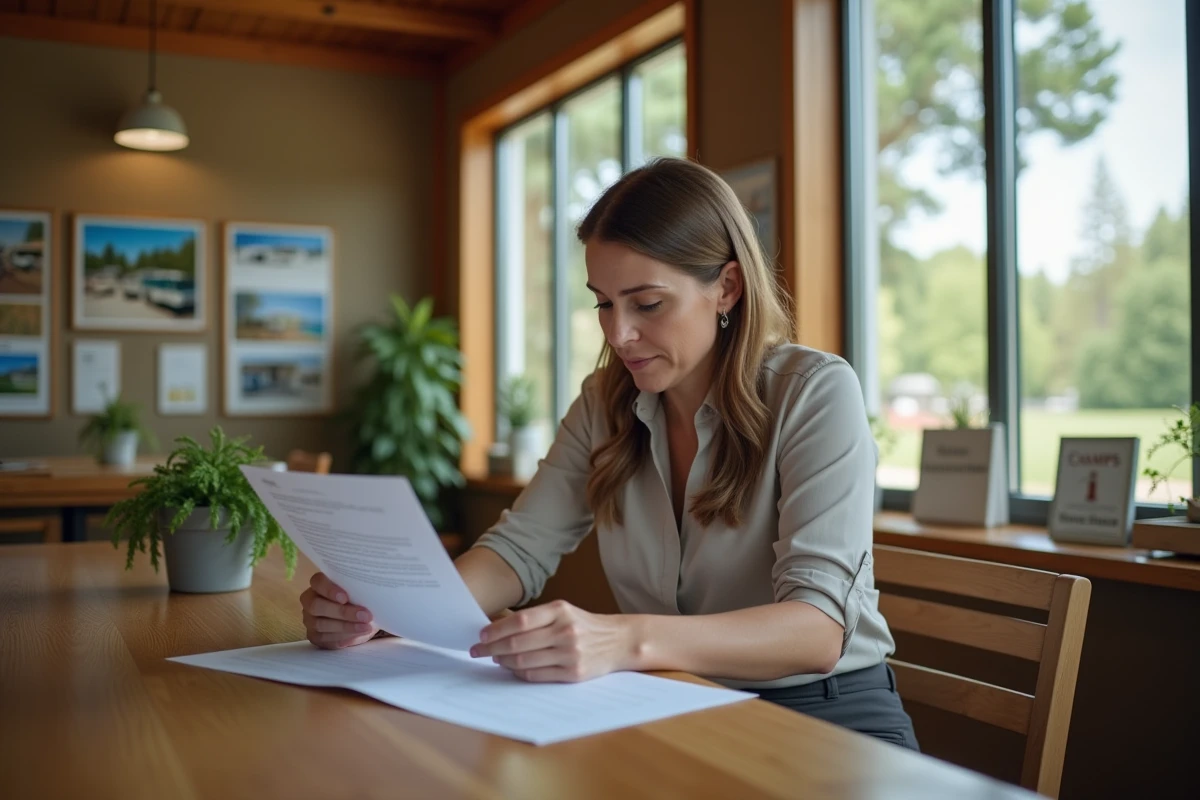 Femme lit un contrat dans un bureau de camping intérieur