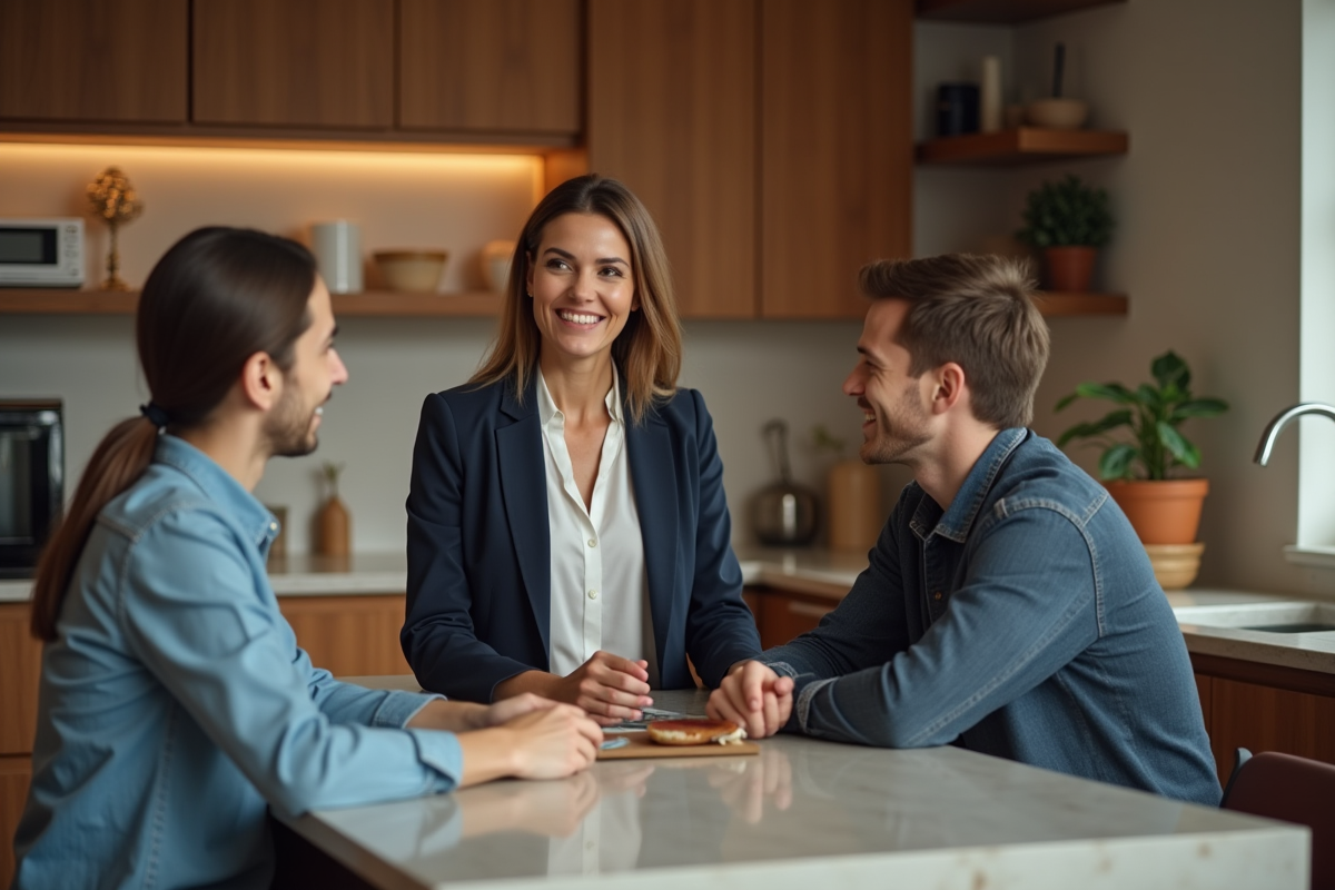 Femme professionnelle discutant avec un couple dans la cuisine