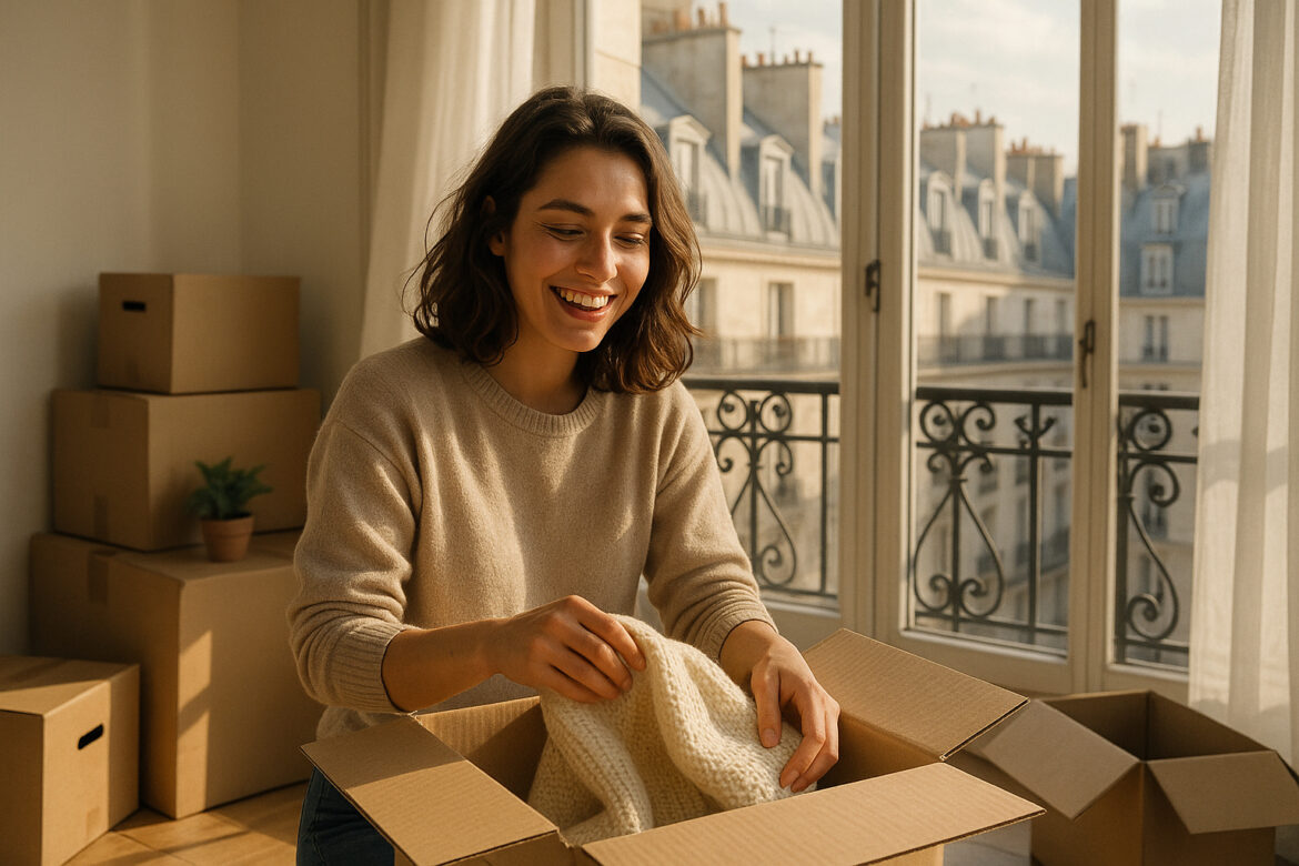 Jeune femme souriante déballant des caisses dans un appartement parisien