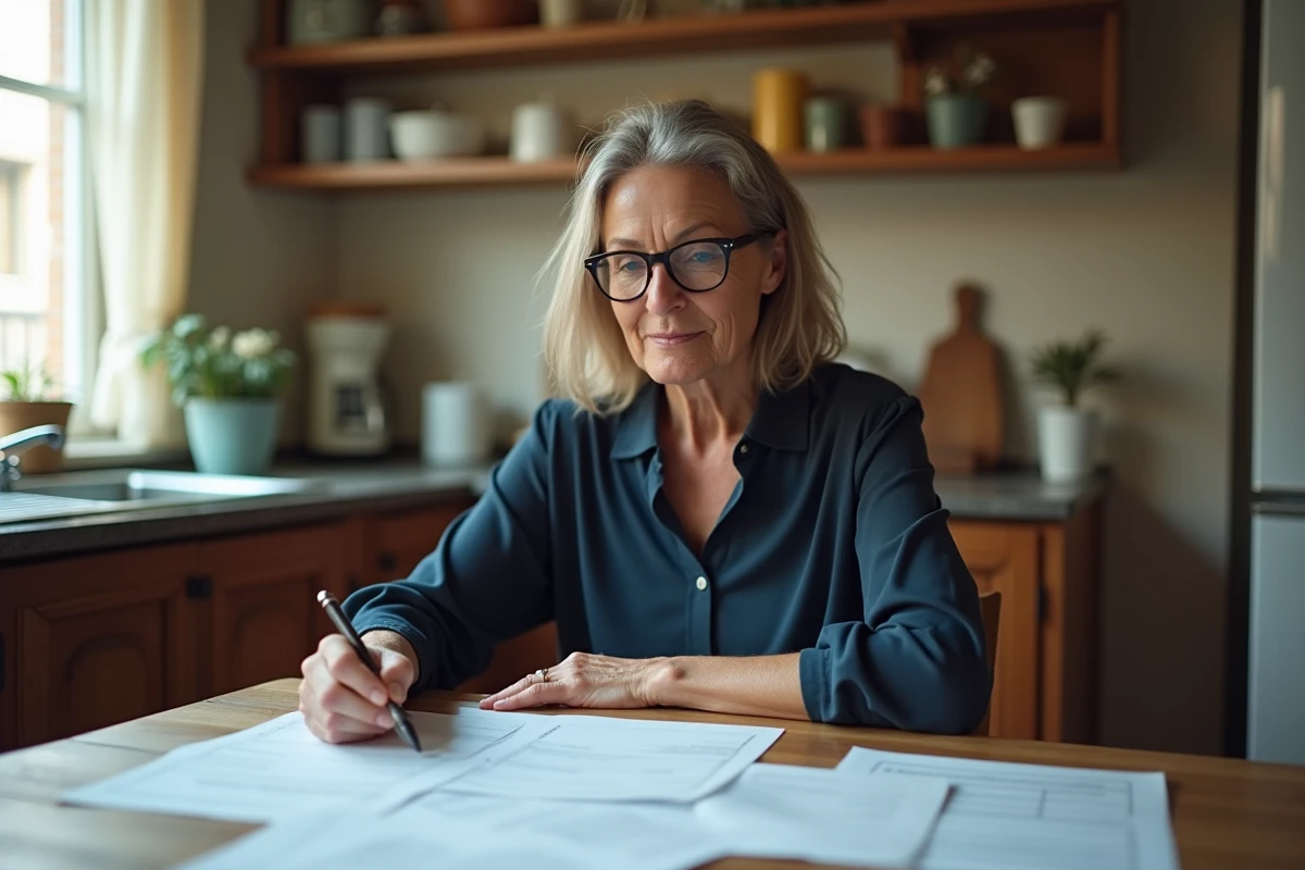 Femme consultant des documents administratifs liés à une demande de logement social prioritaire SYPLO