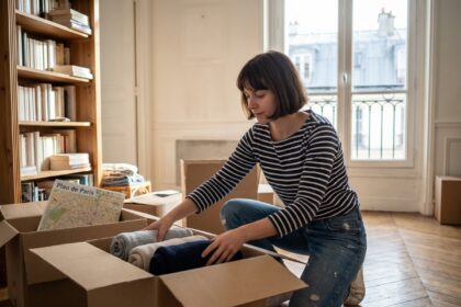 Jeune femme emballant des cartons dans un appartement parisien