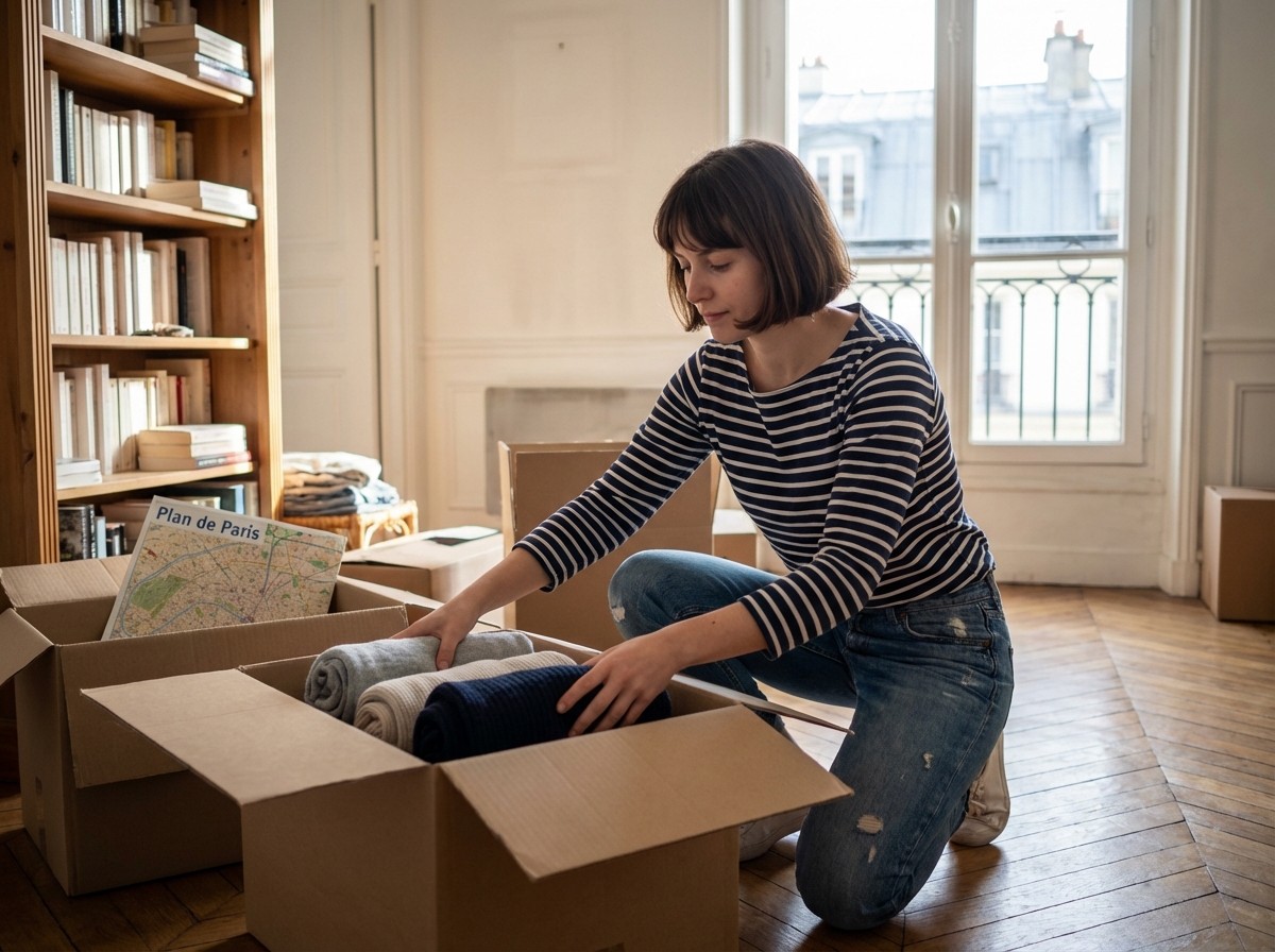 Jeune femme emballant des cartons dans un appartement parisien