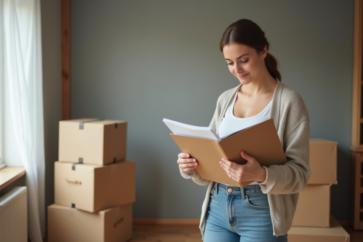 Jeune femme lisant un dossier de déménagement dans un appartement