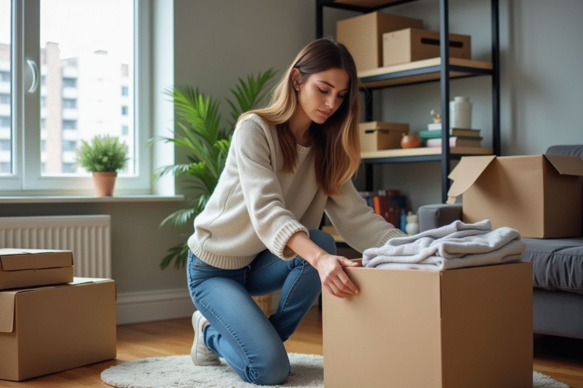 Femme emballant une boîte dans un salon en cours de déménagement