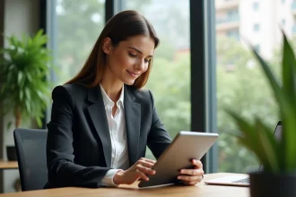 Femme d'affaires regardant un portfolio immobilier écologique