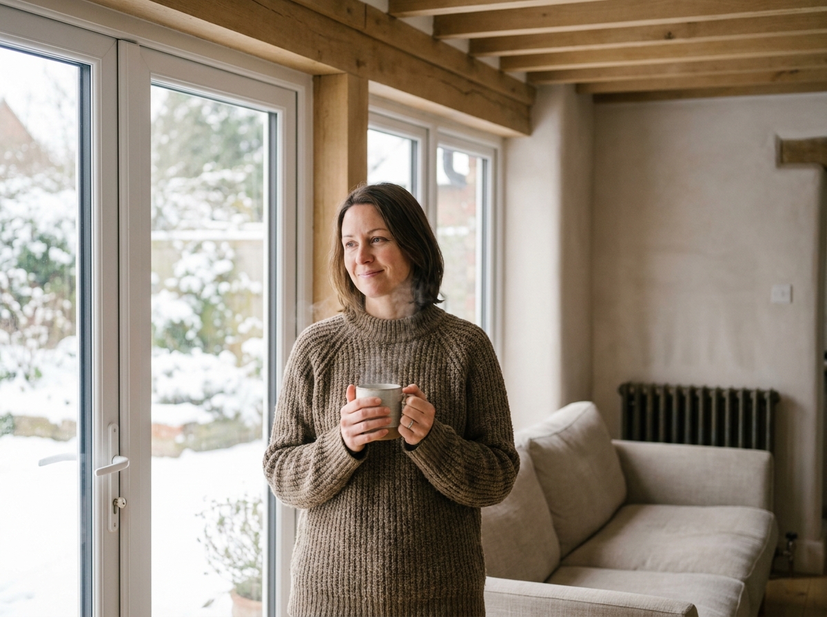 Femme confortable près d'une nouvelle fenêtre double vitrage en hiver, illustrant les économies de chauffage