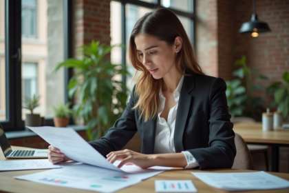 Jeune femme professionnelle analysant des documents financiers