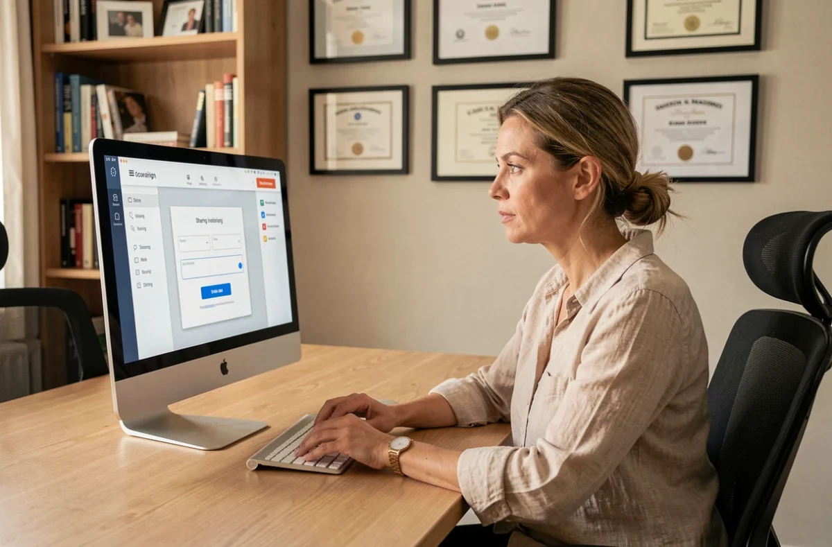 Femme gérant l'accès partagé à un espace client de gestion immobilière depuis son bureau à domicile
