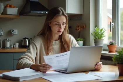 Femme concentrée à la maison avec documents de loyer