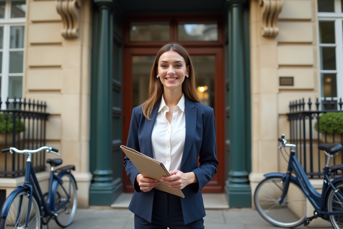 Jeune femme souriante devant un immeuble parisien classique
