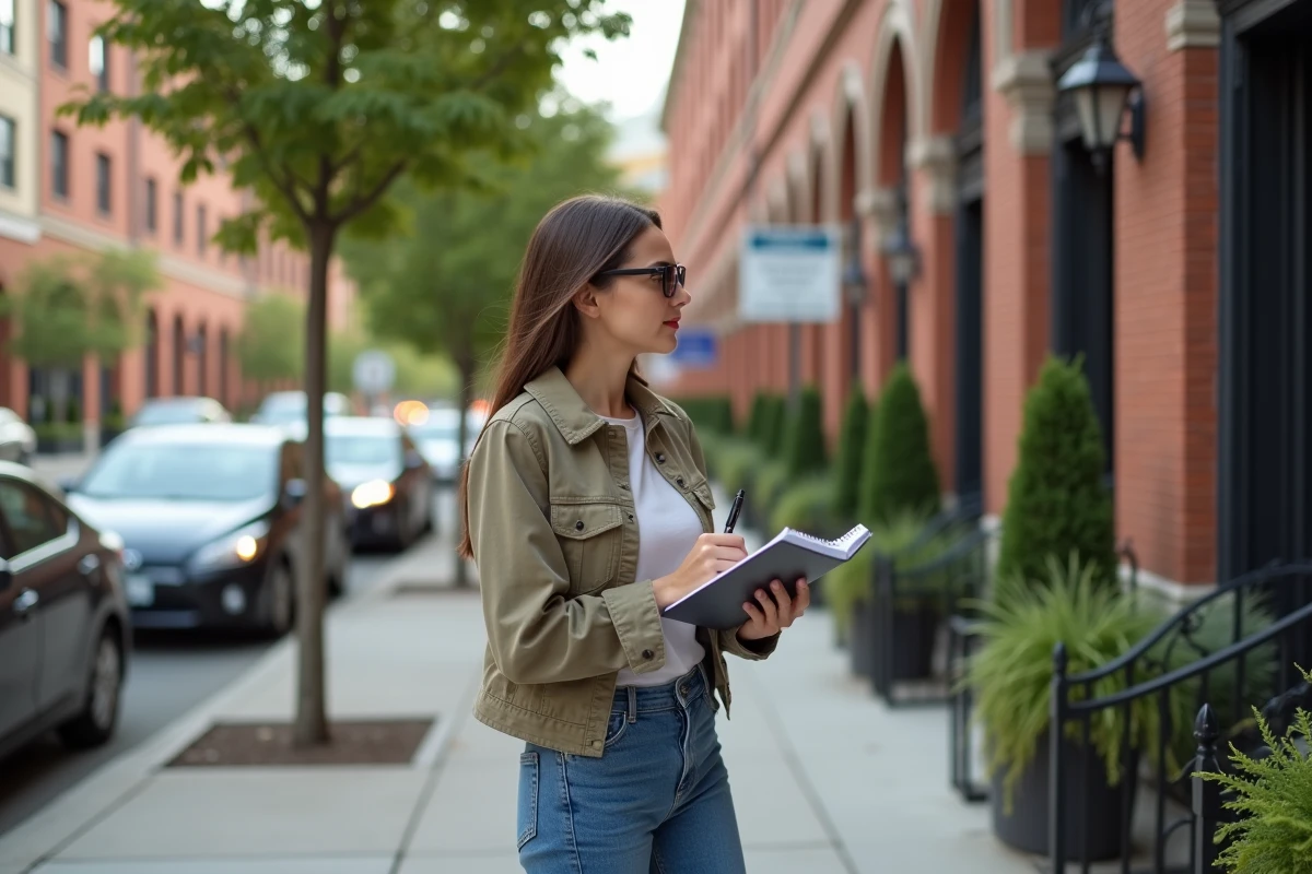 Jeune femme en tenue casual observe des bâtiments résidentiels