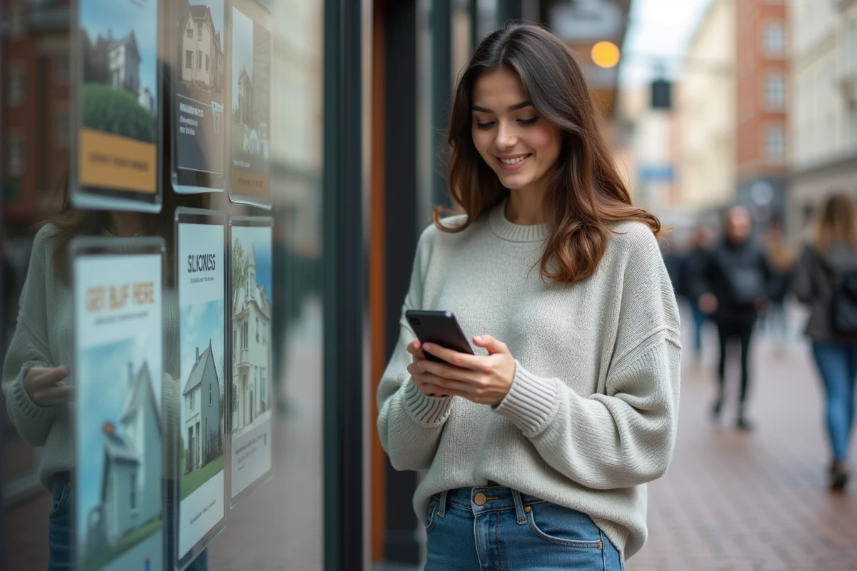 Jeune femme consulte des annonces immobilières devant une agence