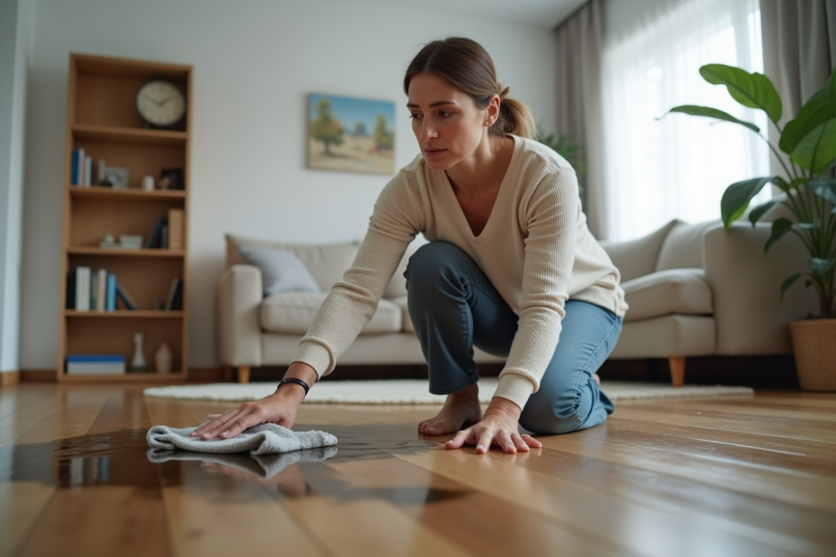 Femme inquiète nettoyant une flaque d'eau dans son salon