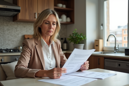 Femme d'âge moyen examinant des factures immobilières dans un appartement lumineux