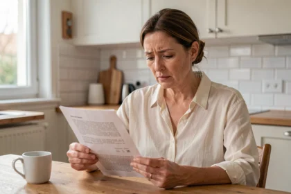 Femme lisant attentivement un contrat d'assurance habitation à la table de sa cuisine