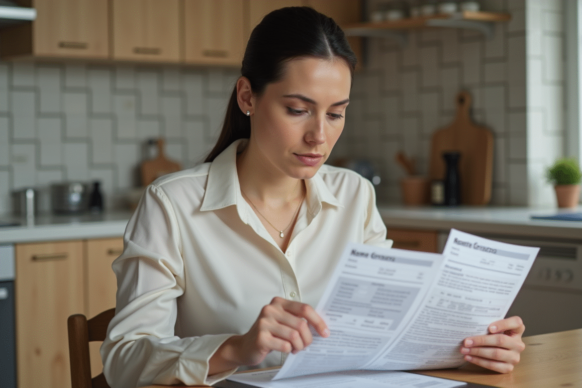 Femme lisant des documents d'assurance à la maison