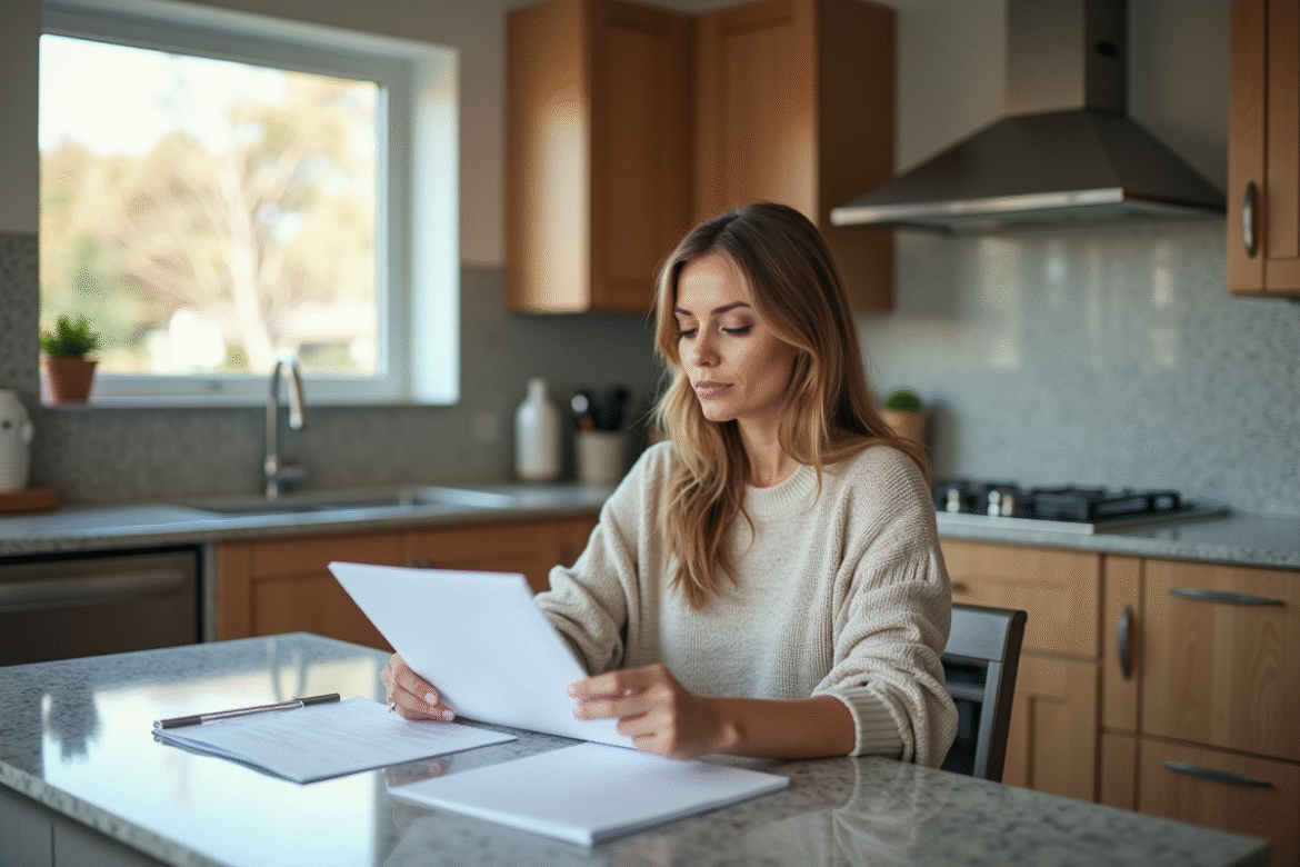 Femme élégante lisant des documents de prêt immobilier