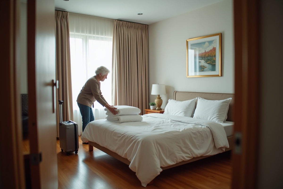 Femme âgée plissant des draps dans une chambre bien aménagée