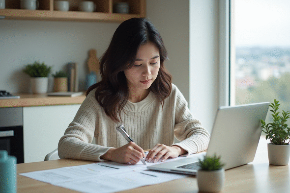 Jeune femme lisant des documents dans une cuisine lumineuse