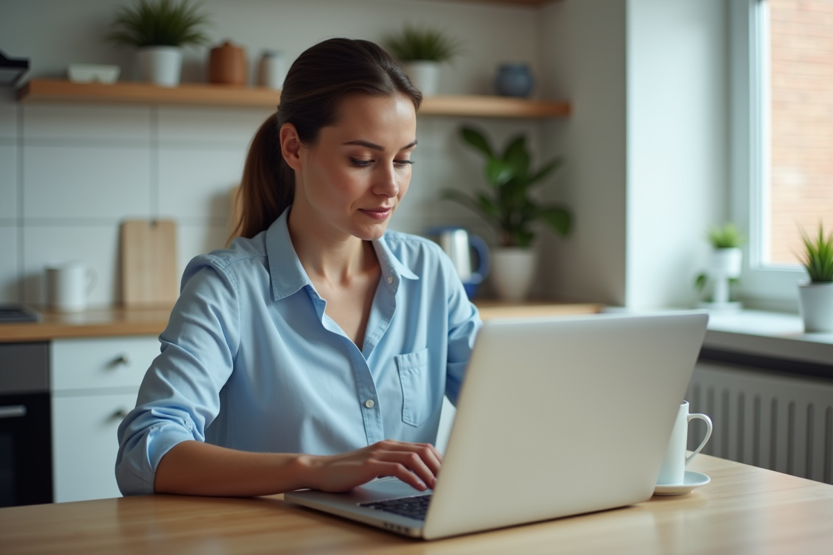 Femme consultat un simulateur de pret en cuisine