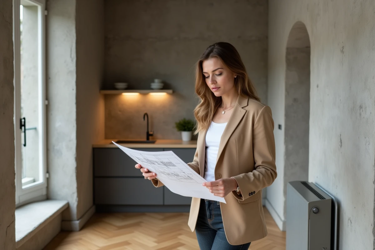 Femme examinant un plan d'appartement T1bis dans un studio parisien avec kitchenette séparée