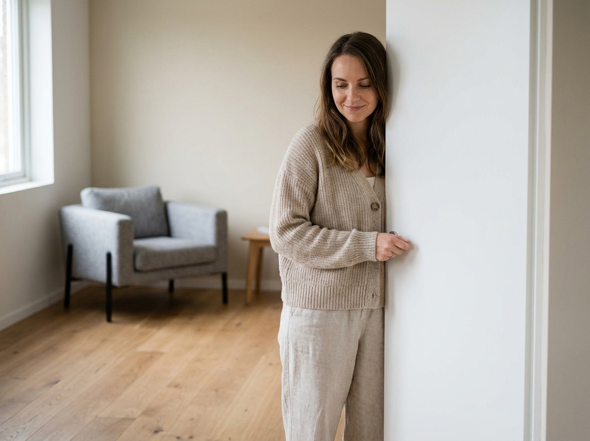 Femme en homewear ferme une porte intérieure moderne