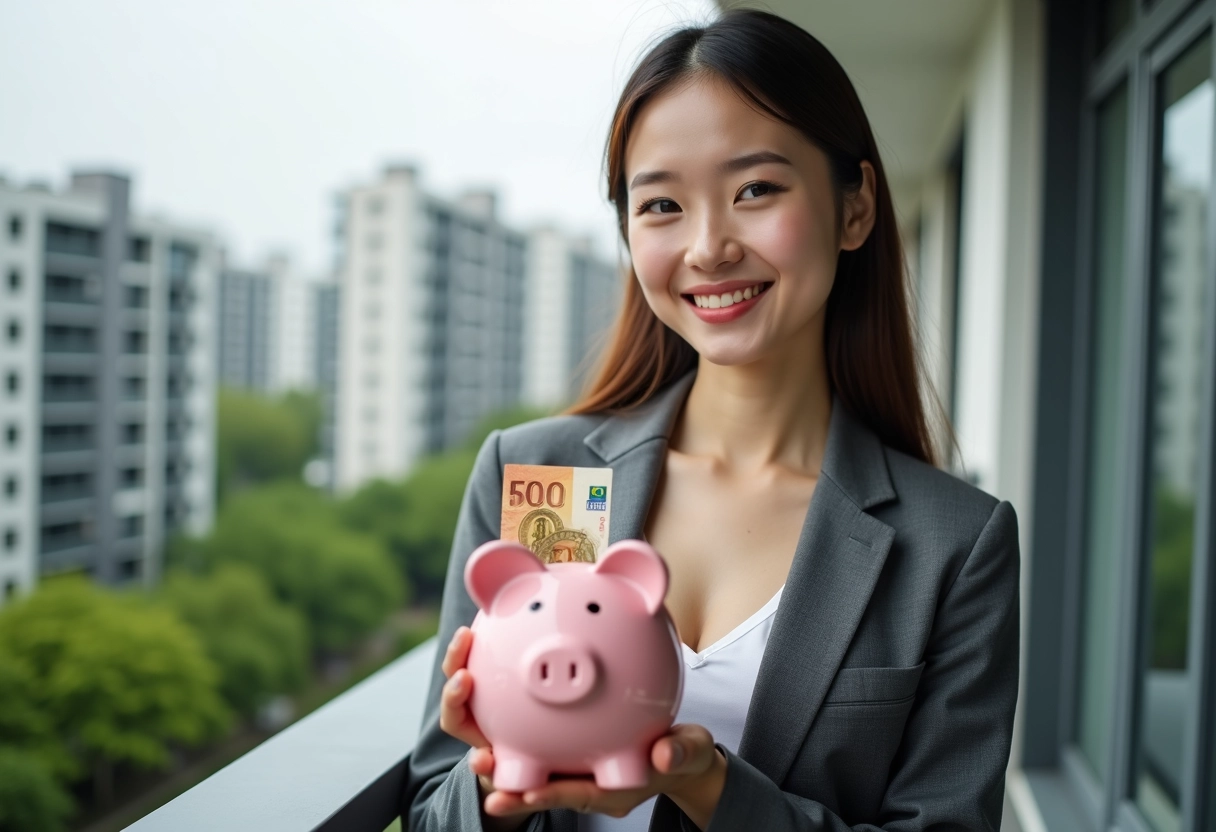 Jeune femme avec tirelire pleine d