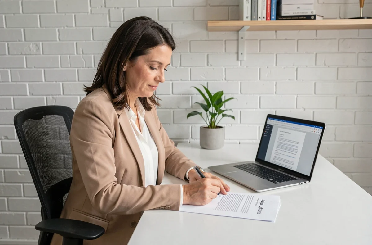Femme en blazer beige remplissant un formulaire de pré-état daté Word imprimé à son bureau à domicile avec un ordinateur portable ouvert