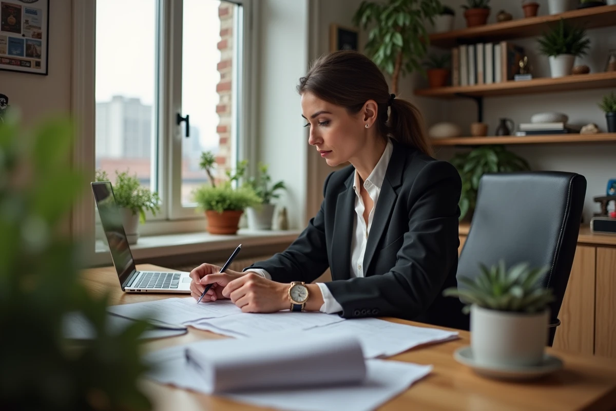 Femme propriétaire examinant des documents dans un bureau cosy