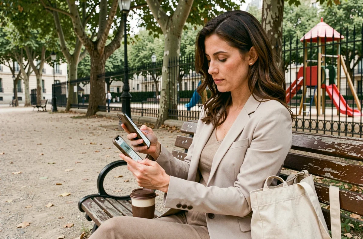 Femme consultant des annonces immobilières familiales sur smartphone dans un square parisien avec aire de jeux
