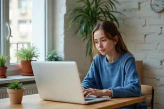 Jeune femme cherchant logement sur ordinateur dans son appartement