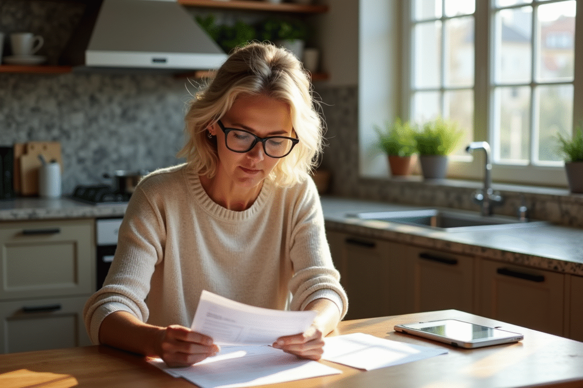 Femme d'âge moyen examinant des documents fiscaux dans une cuisine moderne