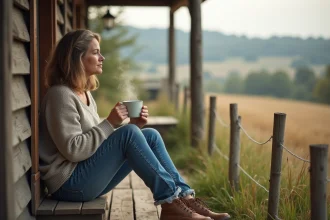 Femme rurale assise sur le porche avec une tasse de café