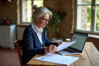 Femme senior consultant une simulation viager sur ordinateur portable à une table en bois dans une cuisine de maison ancienne