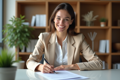 Femme souriante signant des documents hypothécaire dans une banque